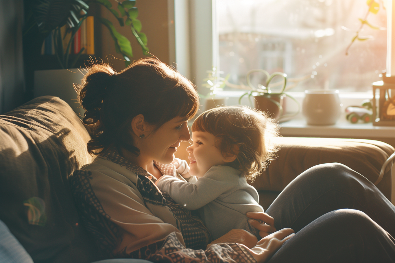 Mutter und Kind sitzen eng zusammen auf dem Sofa und schauen sich liebevoll an